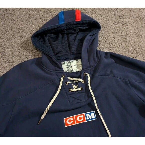 RARE CCM Vintage Jersey Lace Drawstring Pullover Logo Hoodie Men's Small - Picture 3 of 5